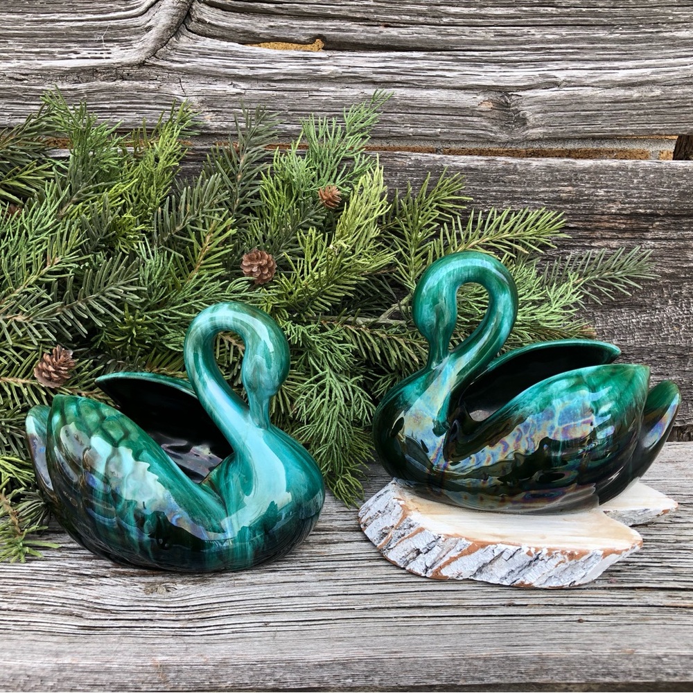 Blue Mountain pottery Swan set of 2 planters Retro blue green Vtg planter 70s 💙 - Picture 3 of 13
